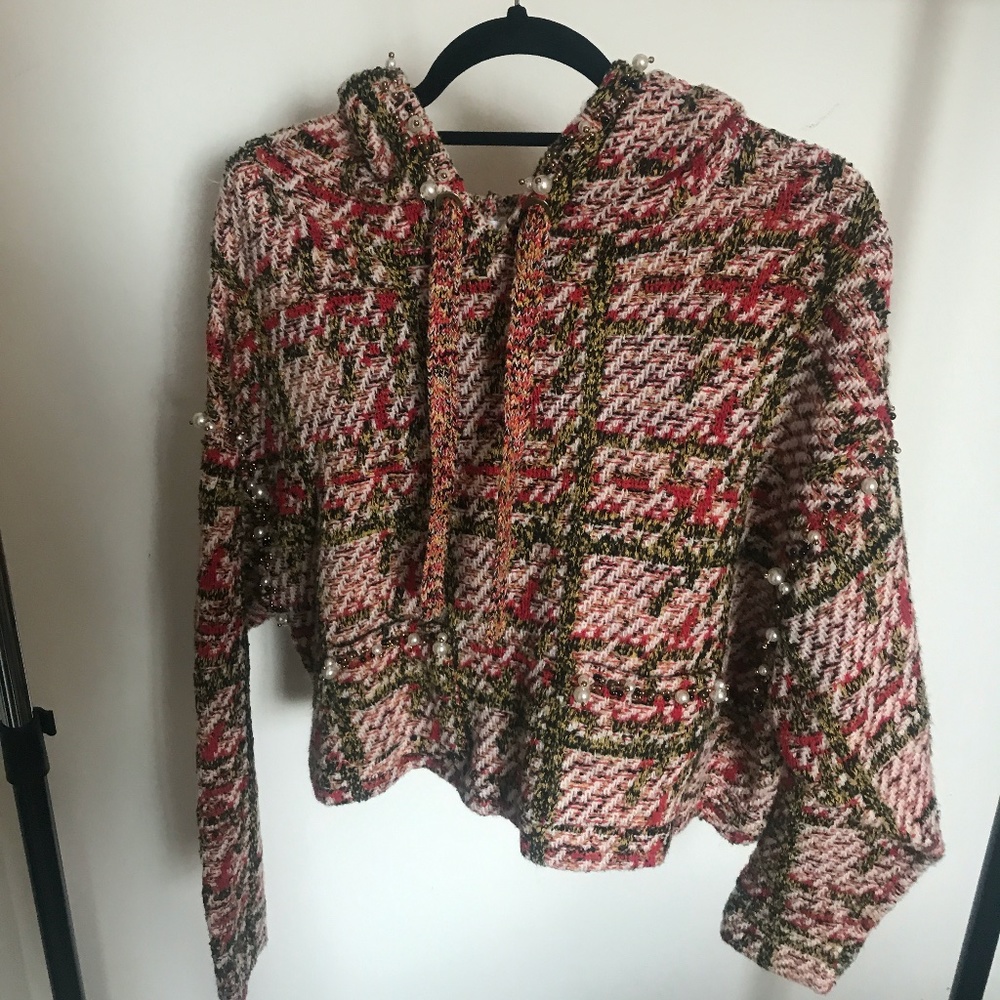 ZARA tweed hoodie with pearls
